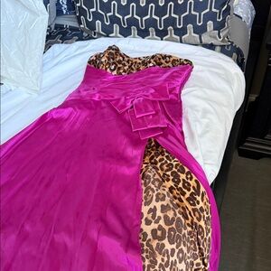 Fuchsia Leopard-Trim Slip Dress